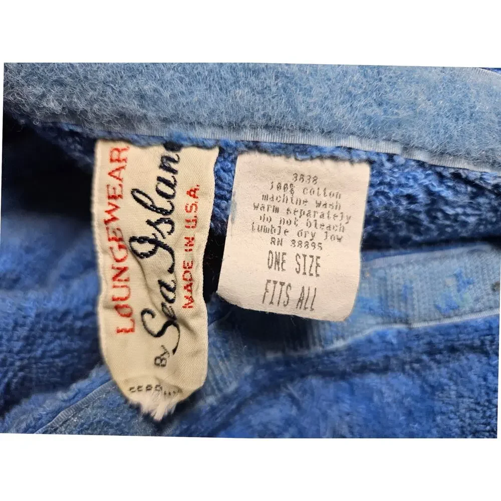 1960s Blue Terry Cloth Sea Island Loungewear Sauna Bathrobe Towel Wrap Size OS - Picture 8 of 9